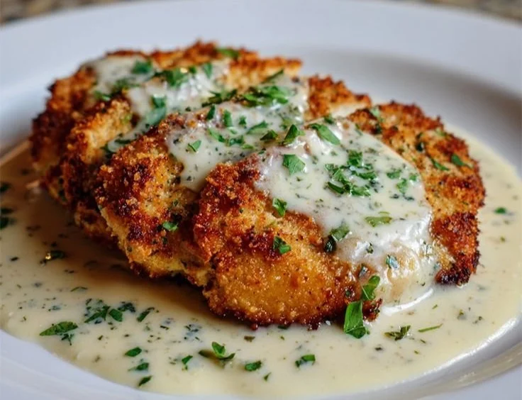 Parmesan Crusted Chicken with Creamy Garlic Sauce