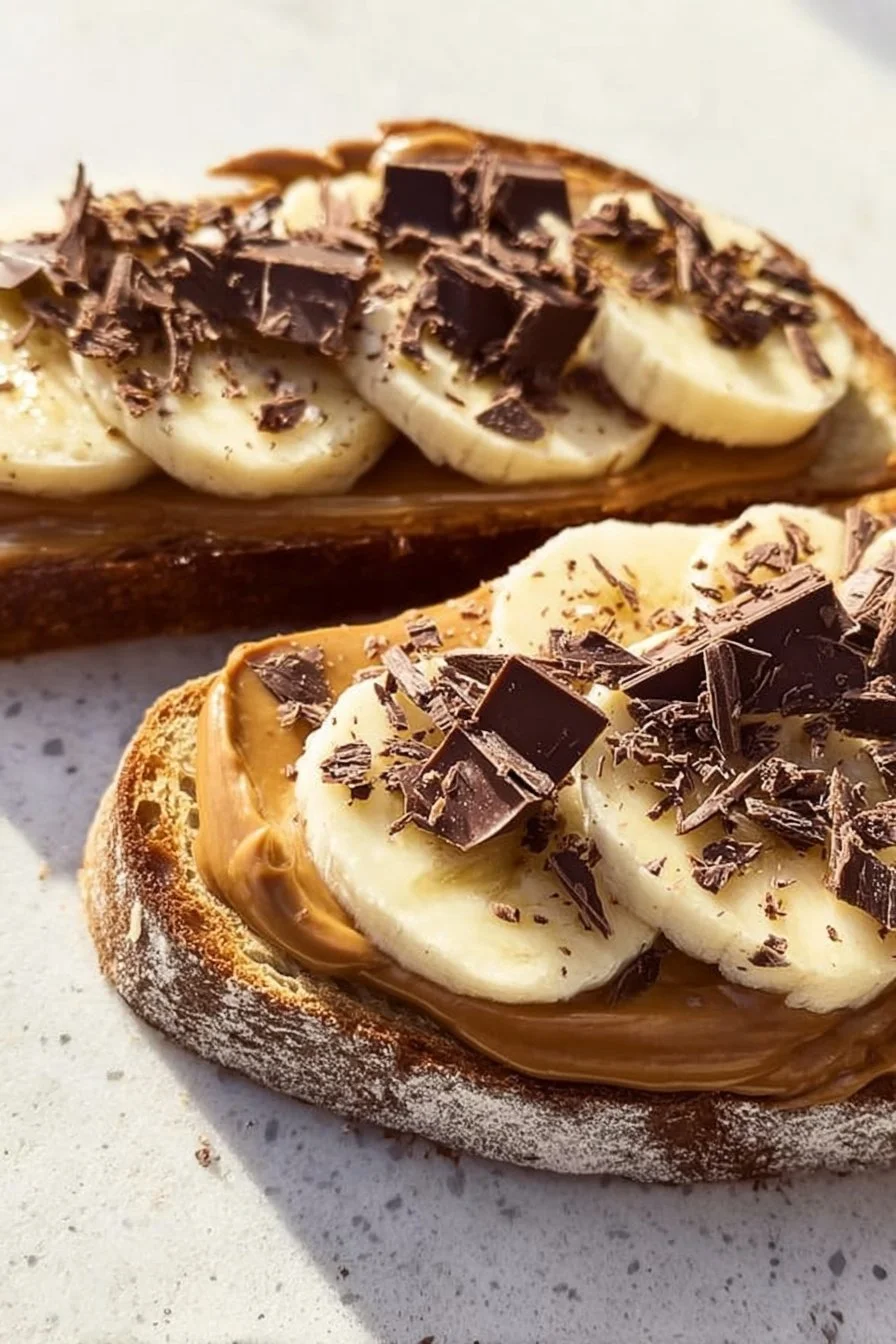 Peanut Butter Banana Toast with Dark Chocolate 5 Peanut Butter Banana Toast topped with Dark Chocolate for a tasty breakfast