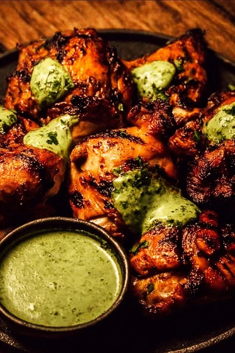 Peruvian Grilled Chicken with Creamy Green Sauce 4 Peruvian grilled chicken served with creamy green sauce on a plate