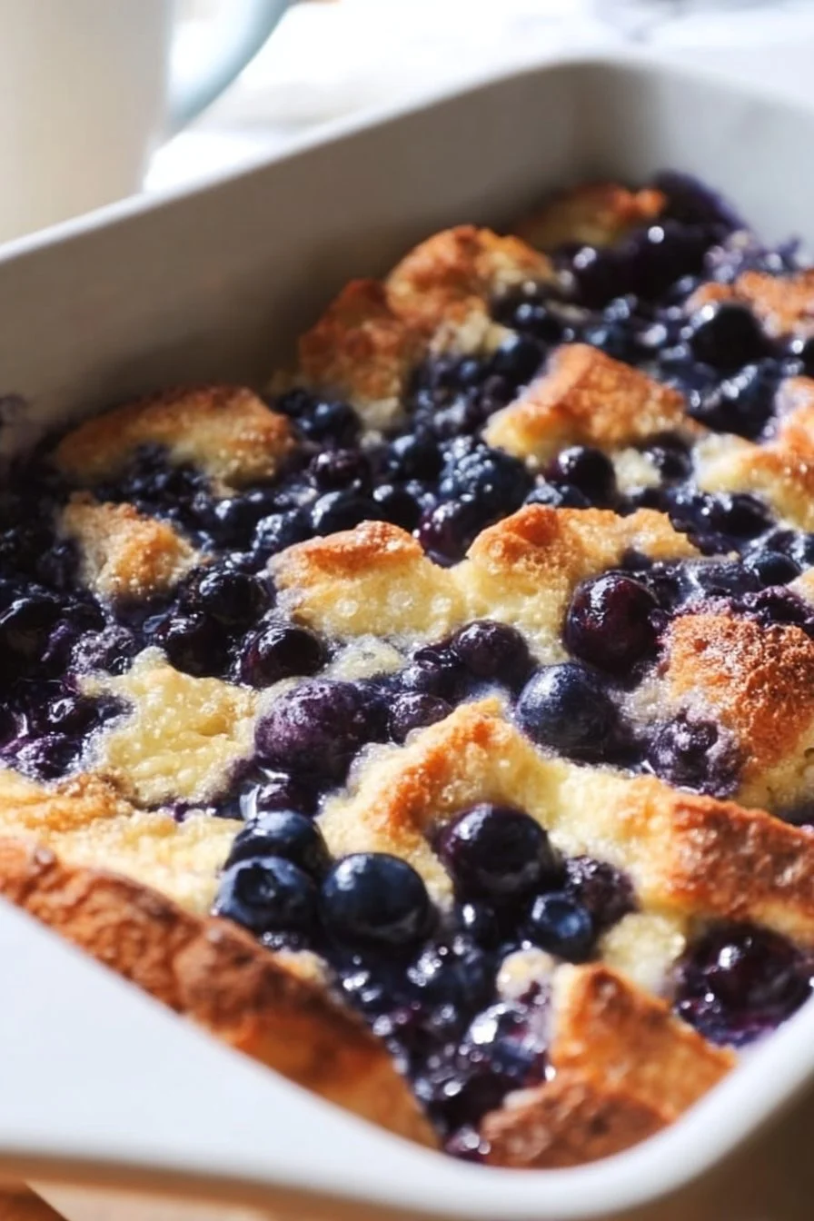 Quick Blueberry French Toast Casserole 5 Quick blueberry French toast casserole fresh out of the oven, topped with berries.