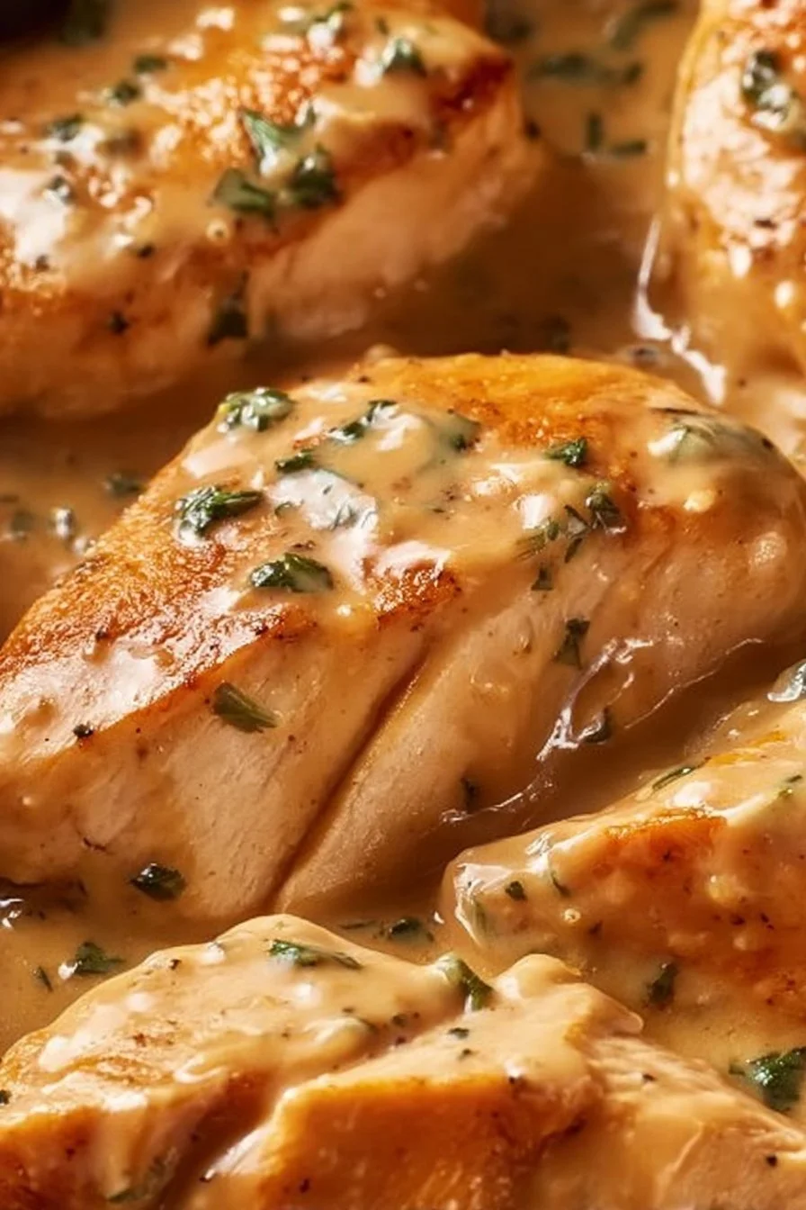 Ranch Chicken cooked in a crock pot, garnished with herbs, ready to be served.