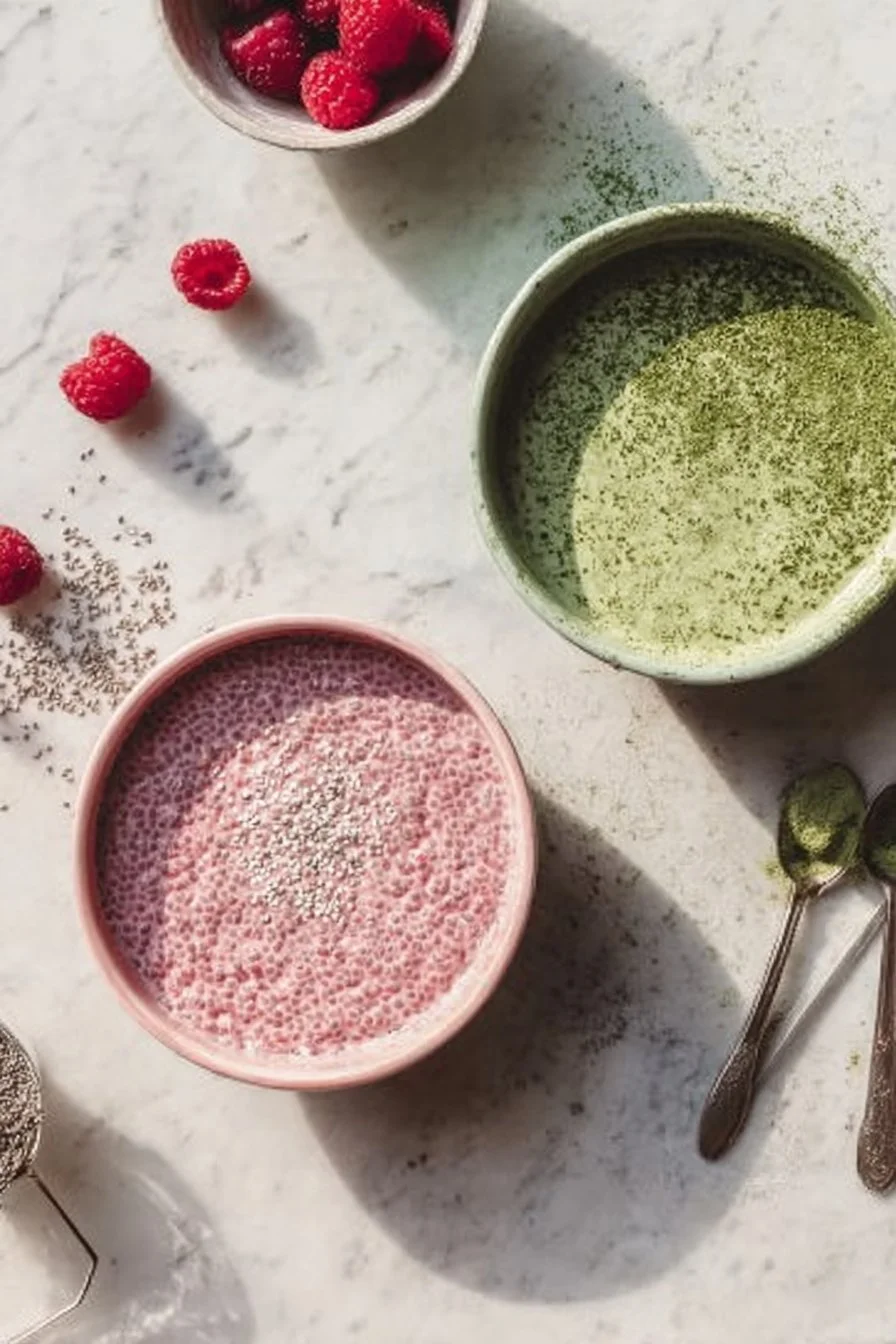 Raspberry Matcha Chia Pudding in a bowl topped with fresh raspberries