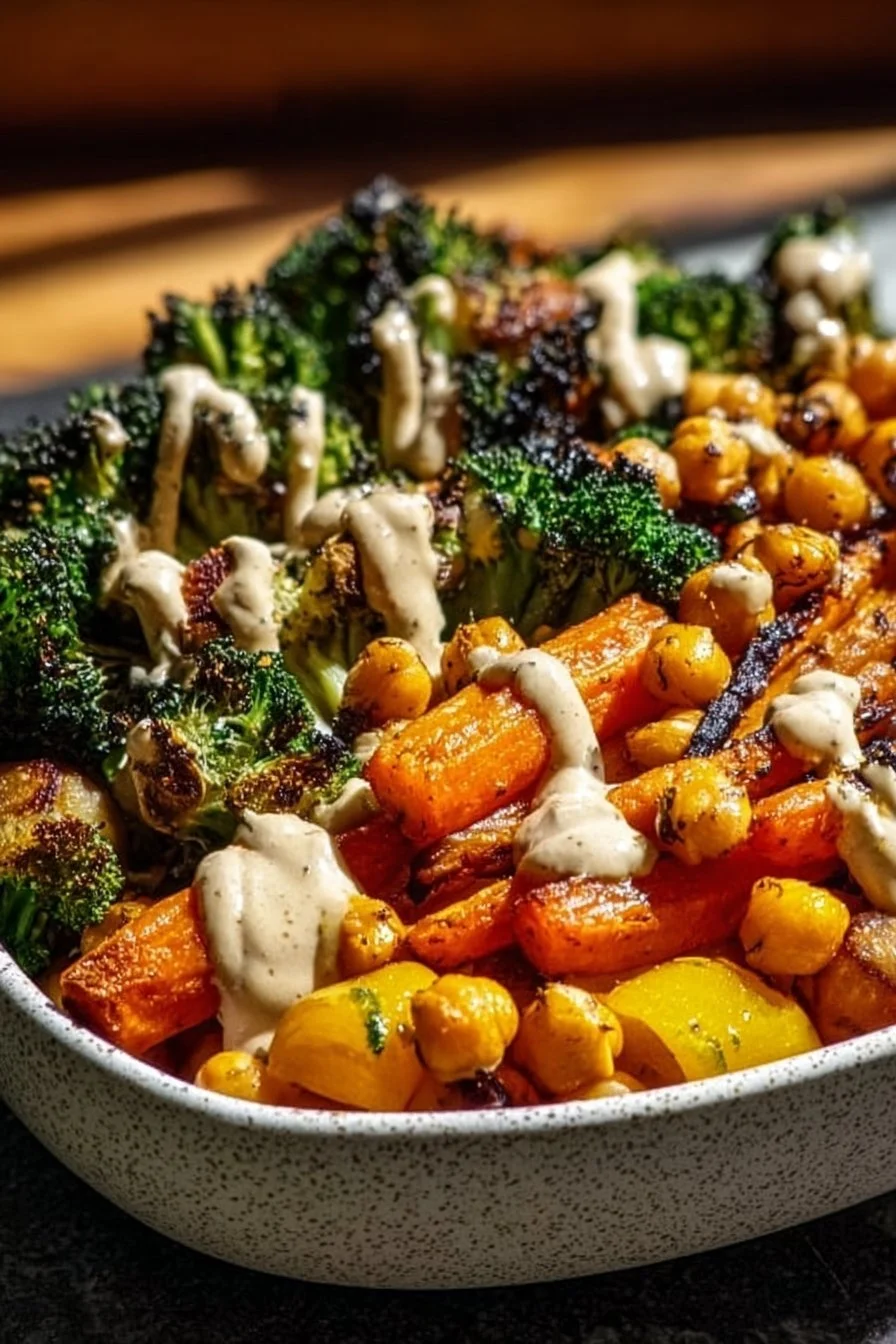 Colorful roasted vegetable and chickpea bowl with fresh herbs