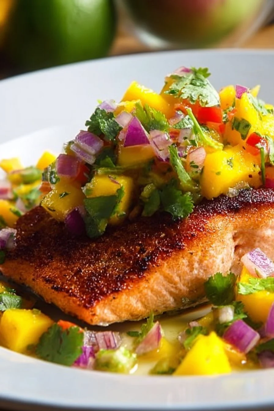 Salmon Bowl with Coconut Rice and Mango Salsa 4 Salmon bowl with coconut rice and mango salsa, a colorful and nutritious dish.