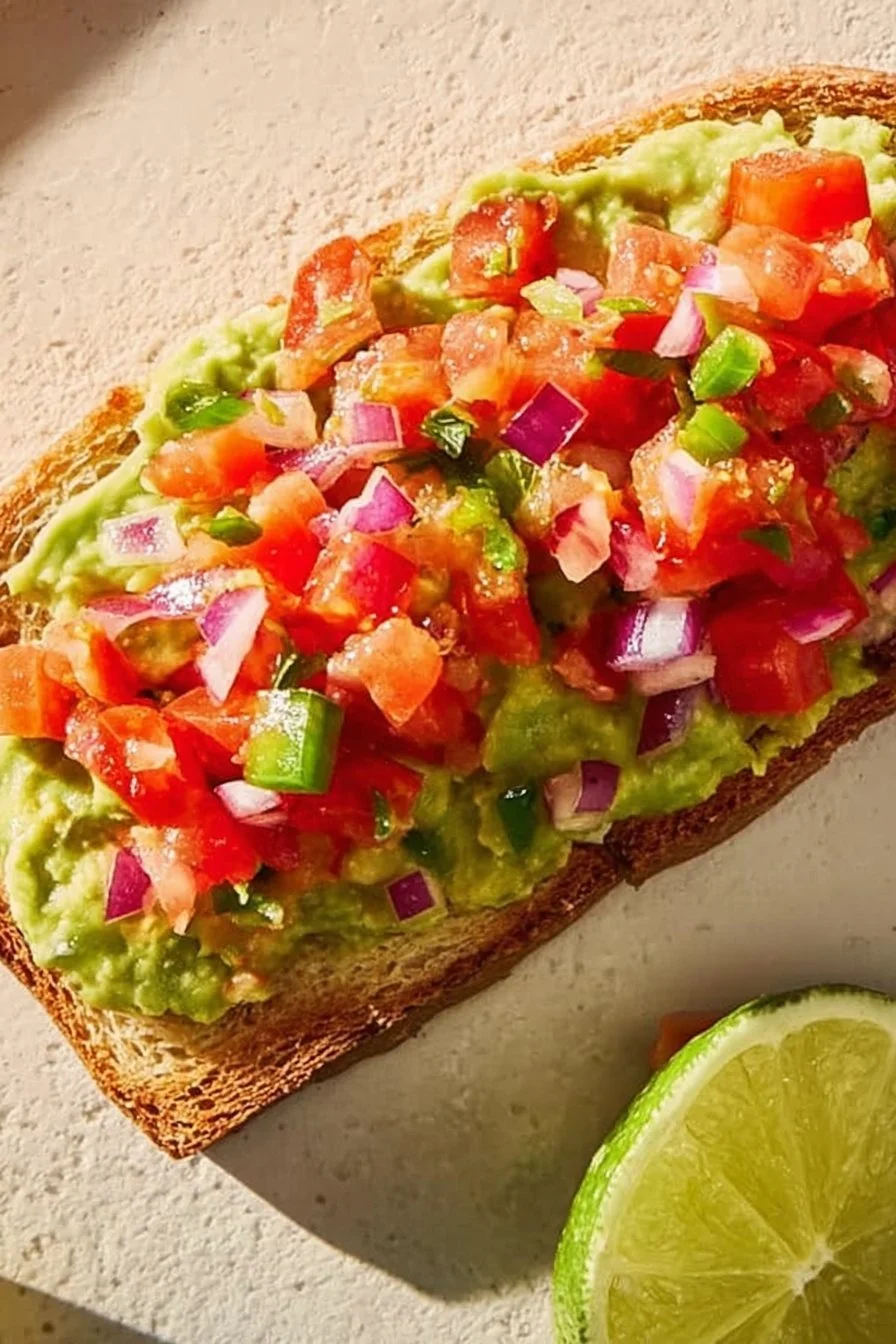 Delicious salsa-topped avocado toast on a rustic wooden table