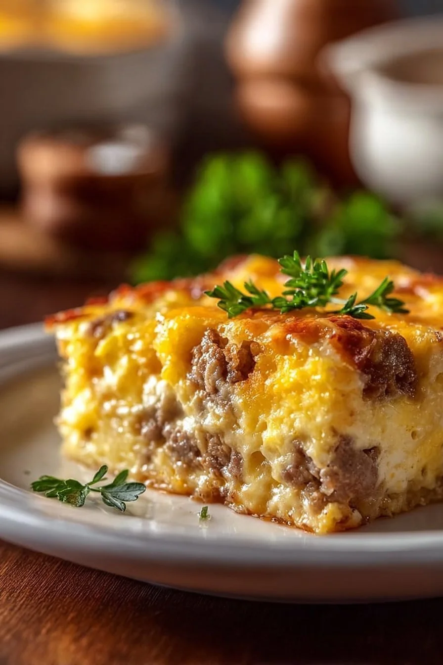 Delicious Sausage and Egg Casserole served in a baking dish, ideal for brunch.