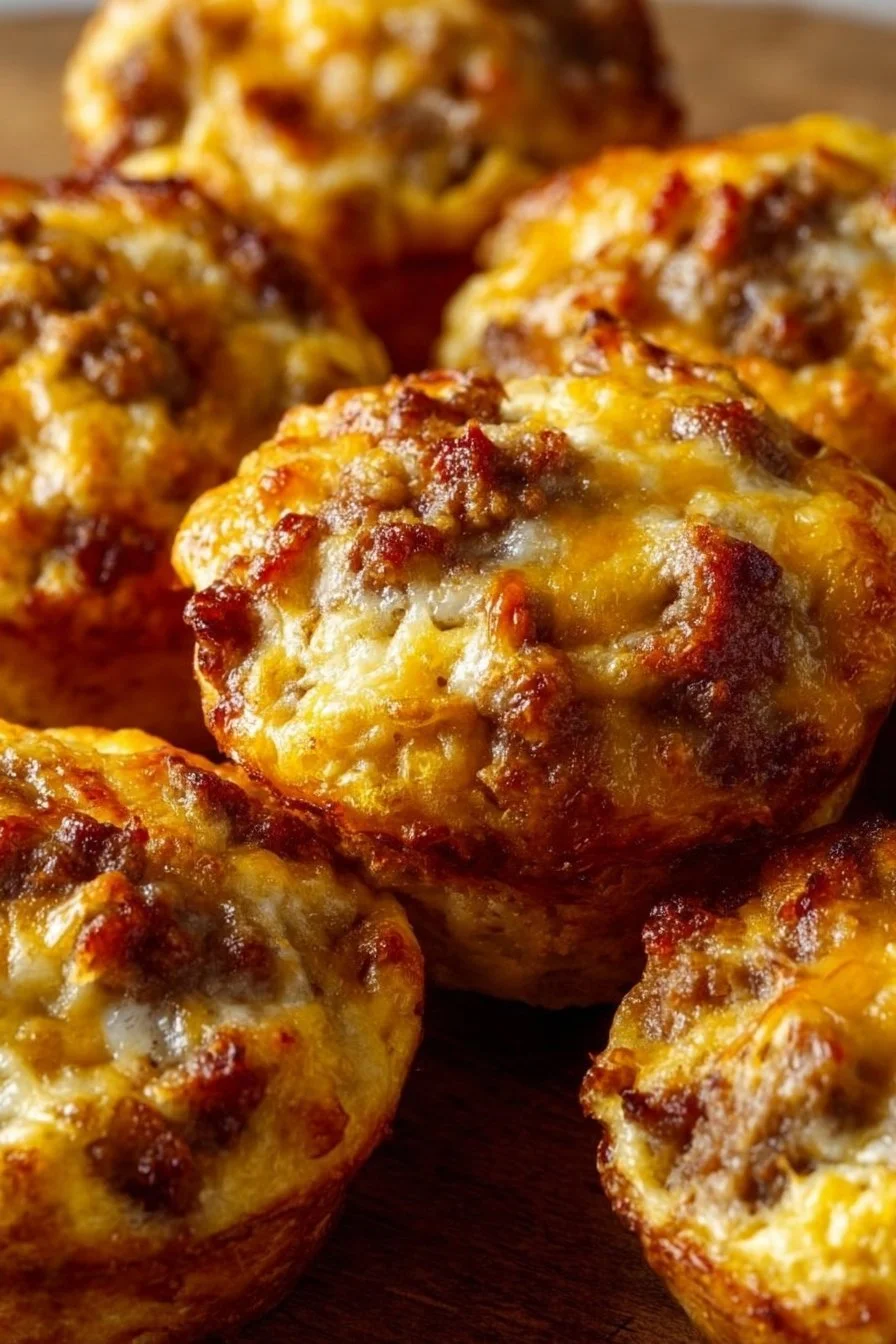 Freshly baked Sausage Breakfast Muffins on a wooden table
