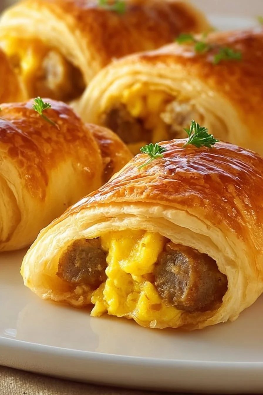 Sausage egg breakfast roll-ups on a plate with fresh herbs