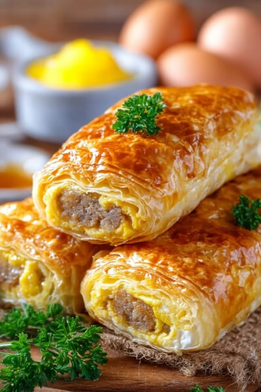 Sausage Egg Breakfast Roll-Ups 4 Sausage egg breakfast roll-ups served on a plate with fresh herbs