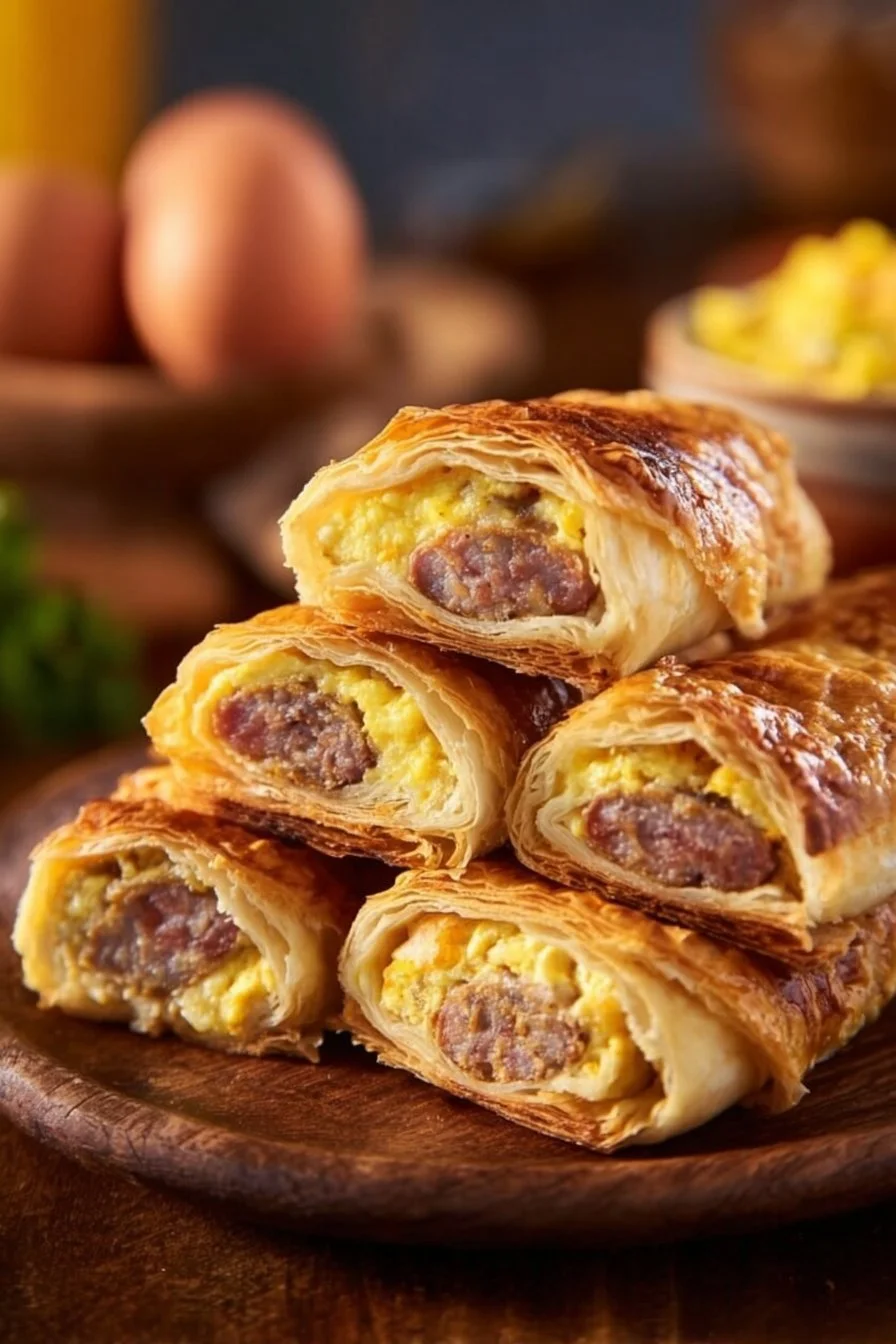 Sausage Egg Breakfast Roll-Ups 4 Sausage egg breakfast roll-ups served on a plate with fresh herbs