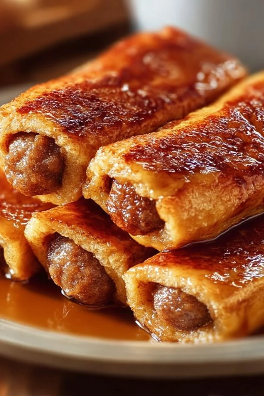 Sausage French Toast Roll-Ups 4 Sausage French Toast Roll-Ups, combining savory sausage and sweet French toast.