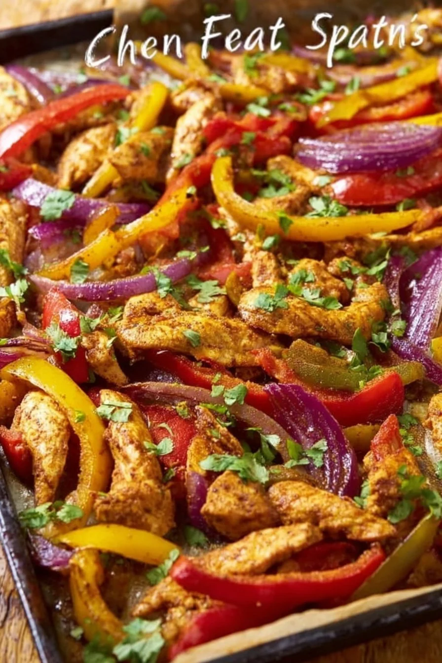 Delicious sheet pan chicken fajitas with bell peppers and onions ready to serve.