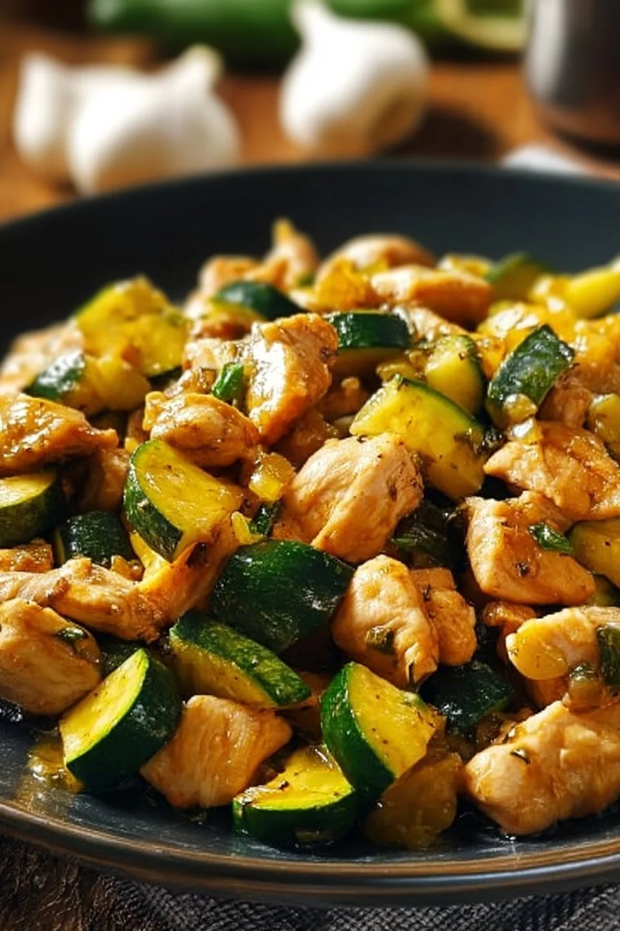 Simple chicken zucchini stir fry with colorful vegetables in a skillet