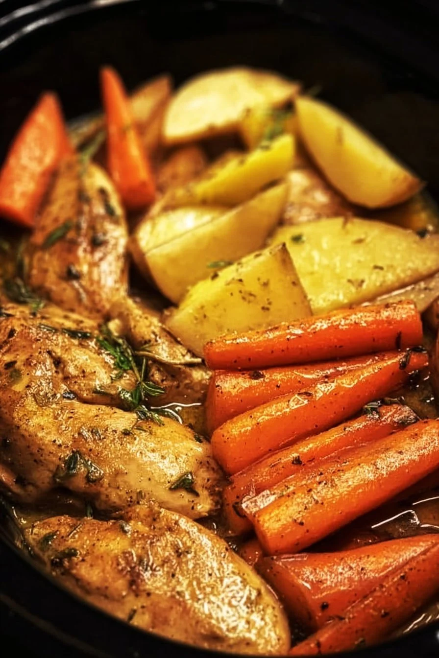 Slow cooker garlic butter chicken and vegetables dish ready to serve.