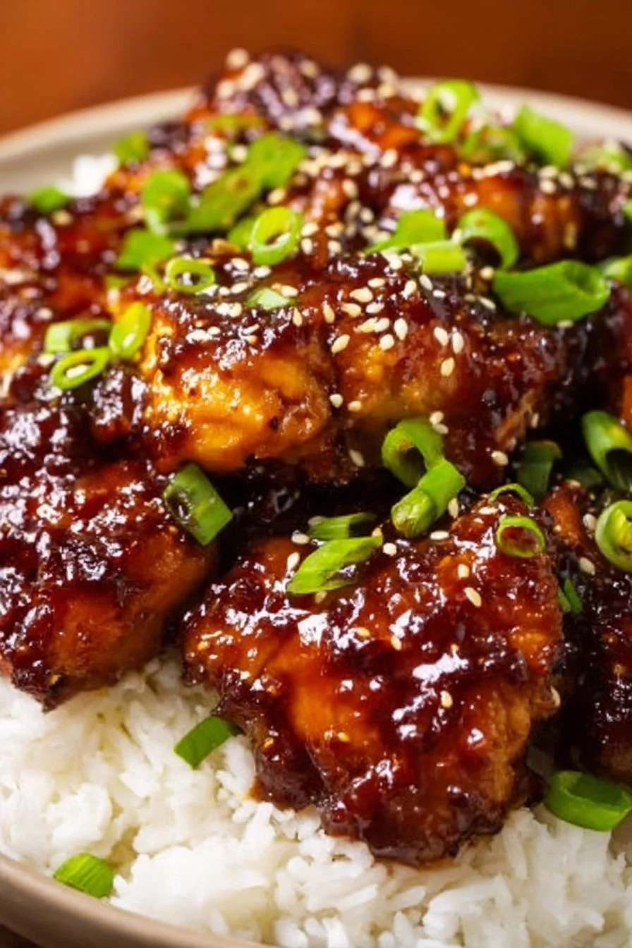 Slow Cooker Honey Garlic Chicken served with rice and vegetables