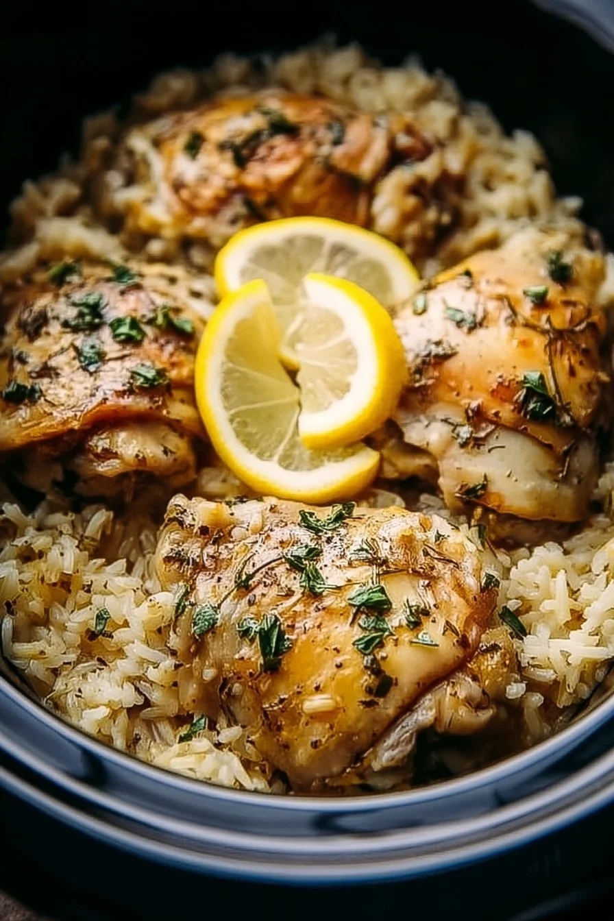 Slow Cooker Lemon Herb Chicken served with rice and herbs