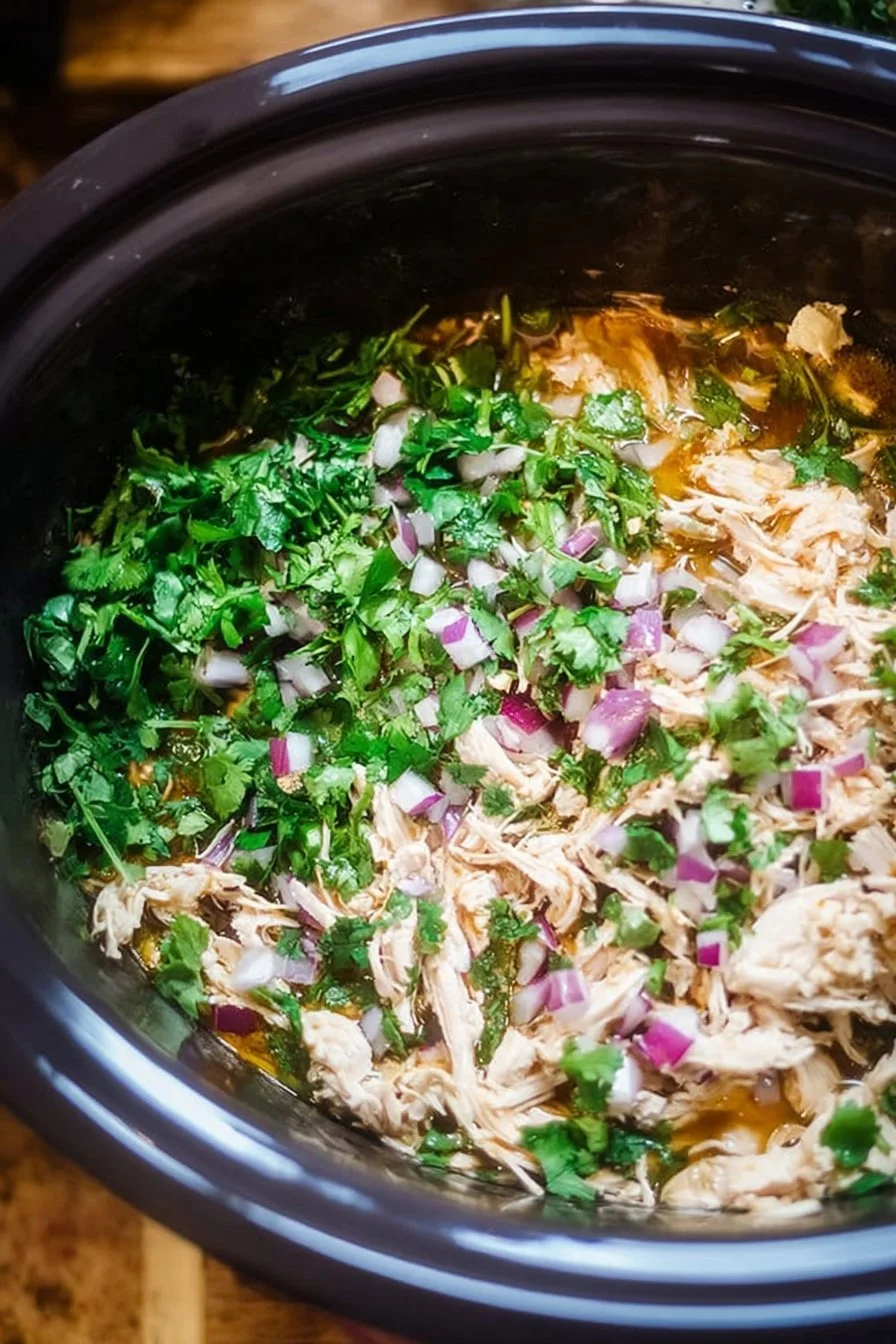 Bowl of Slow Cooker Thai Basil Chicken Curry with fresh basil leaves on top.