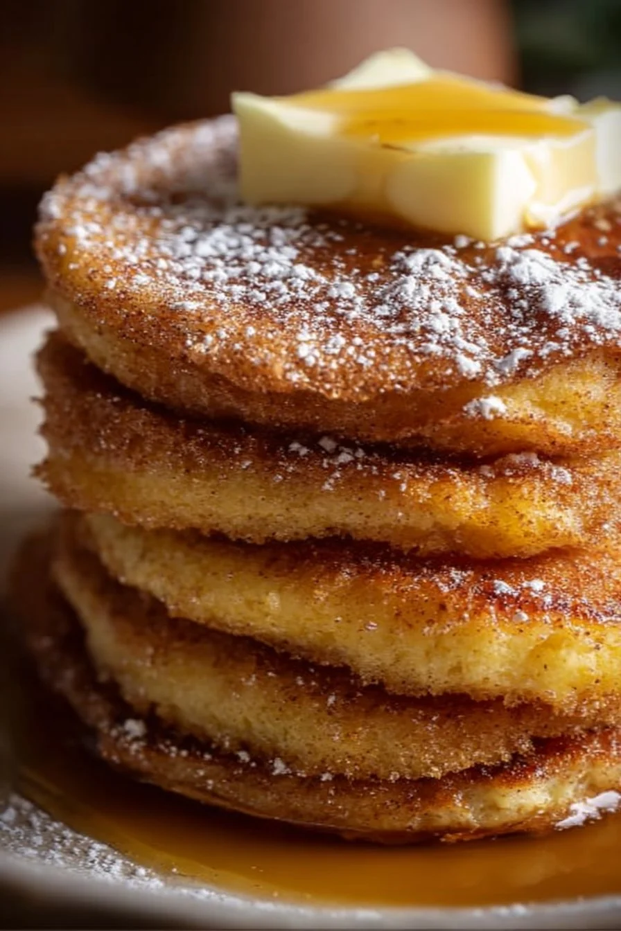 Delicious churro pancakes topped with chocolate and cinnamon sugar.