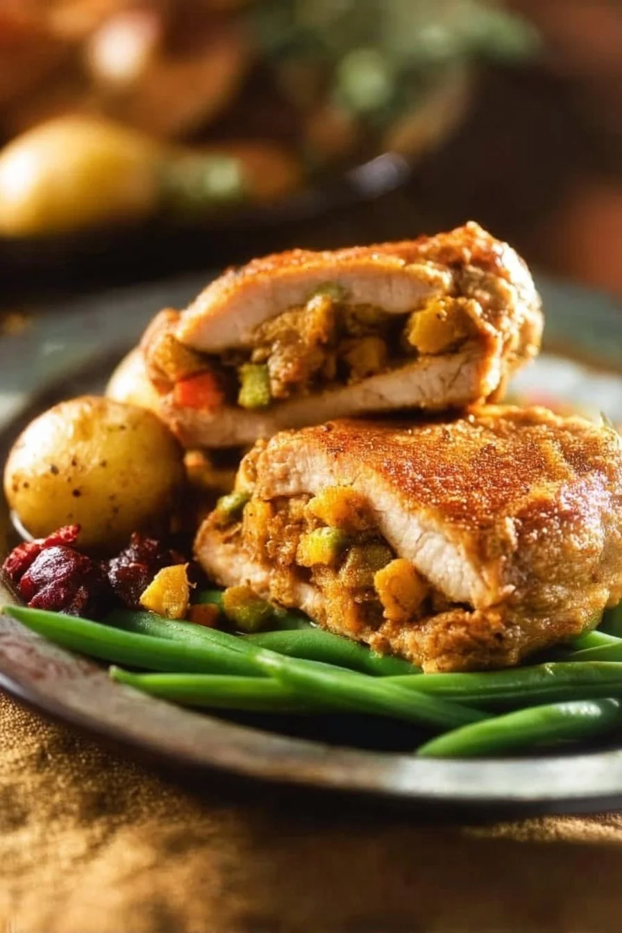 Deliciously stuffed pork chops garnished with herbs and served on a plate