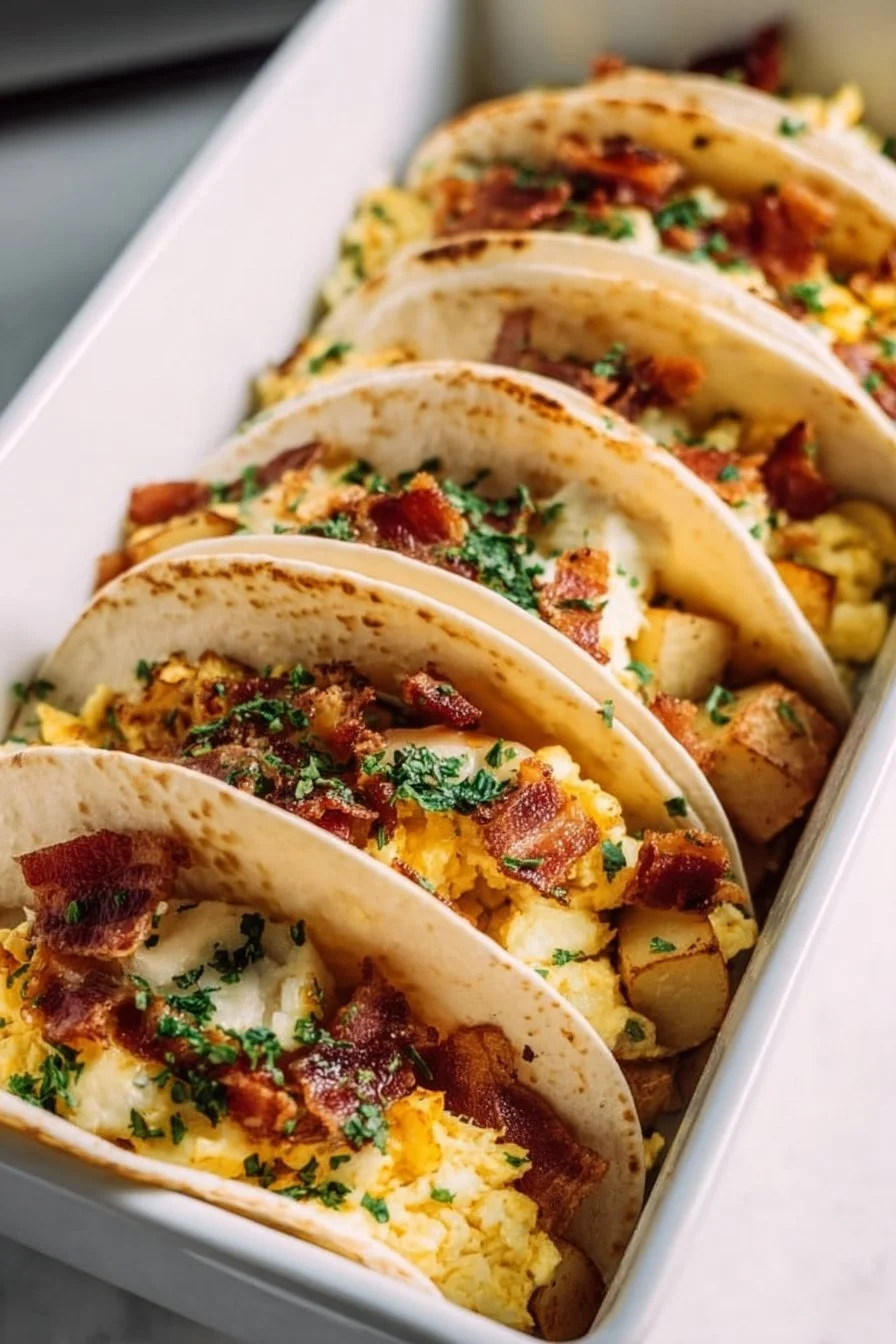 Tasty Baked Breakfast Tacos 4 Delicious baked breakfast tacos with eggs, cheese, and toppings