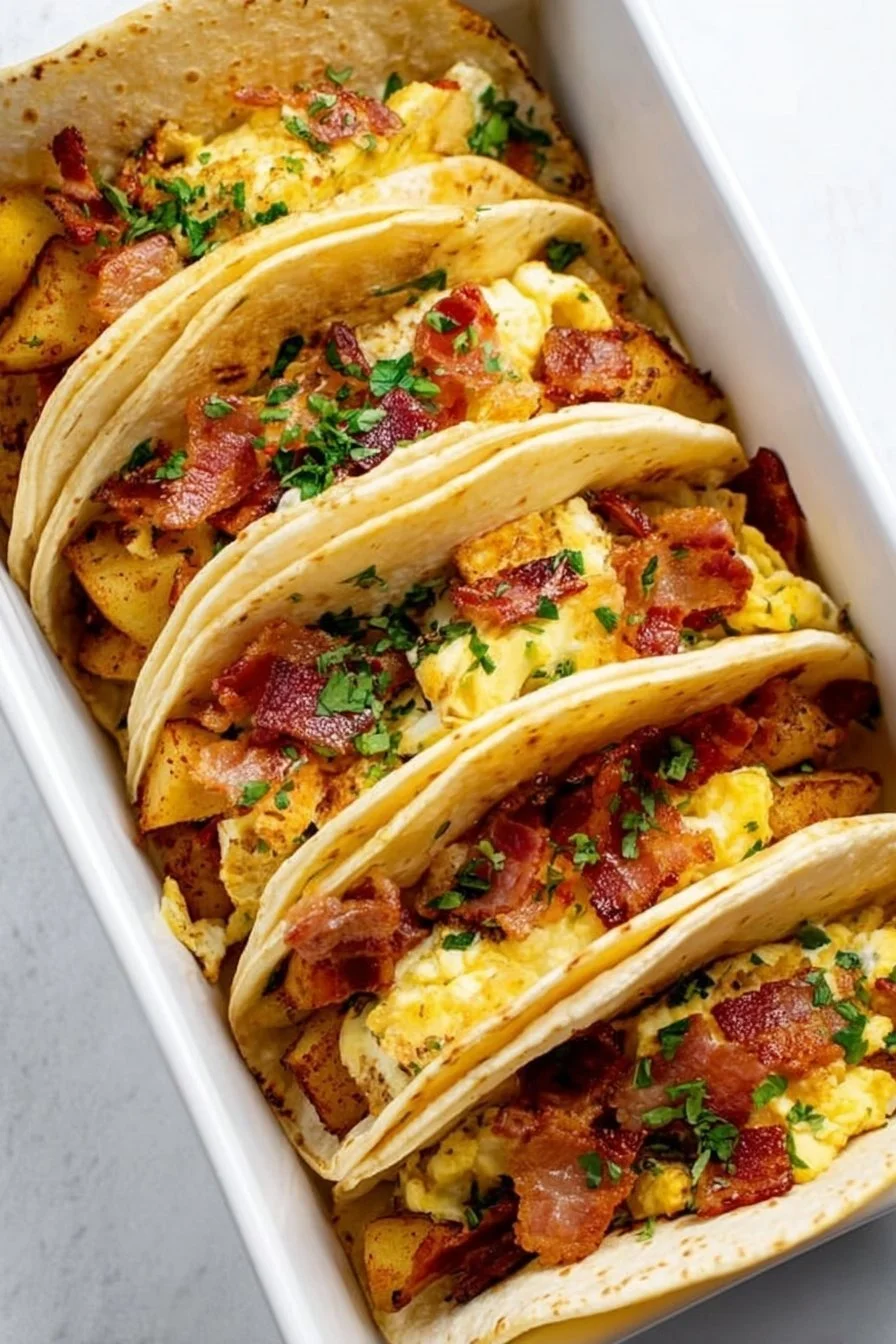 Tasty Baked Breakfast Tacos 4 Delicious baked breakfast tacos filled with eggs, cheese, and toppings