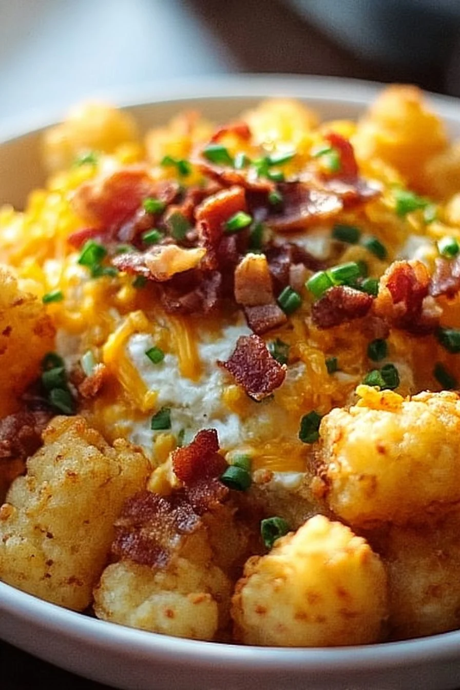 Delicious Tater Tot Breakfast Bowl topped with eggs and cheese