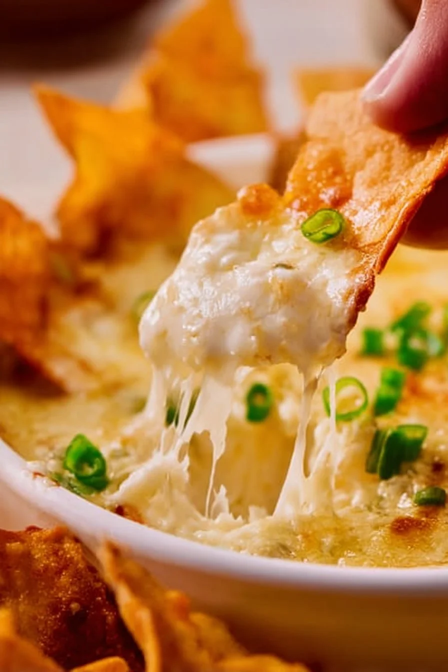 Cheesy baked crab rangoon dip with crispy wonton chips for dipping
