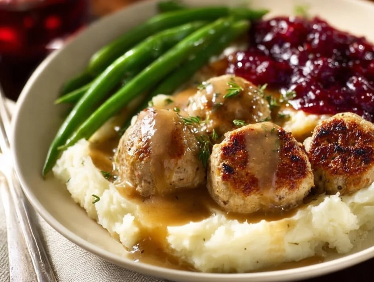 Turkey and Stuffing Meatballs 2 Deliciously cooked Turkey and Stuffing Meatballs served on a platter