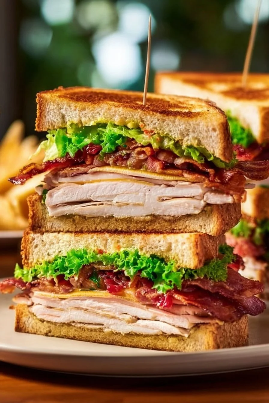 Turkey Club Sandwich with layers of turkey, bacon, lettuce, and tomato
