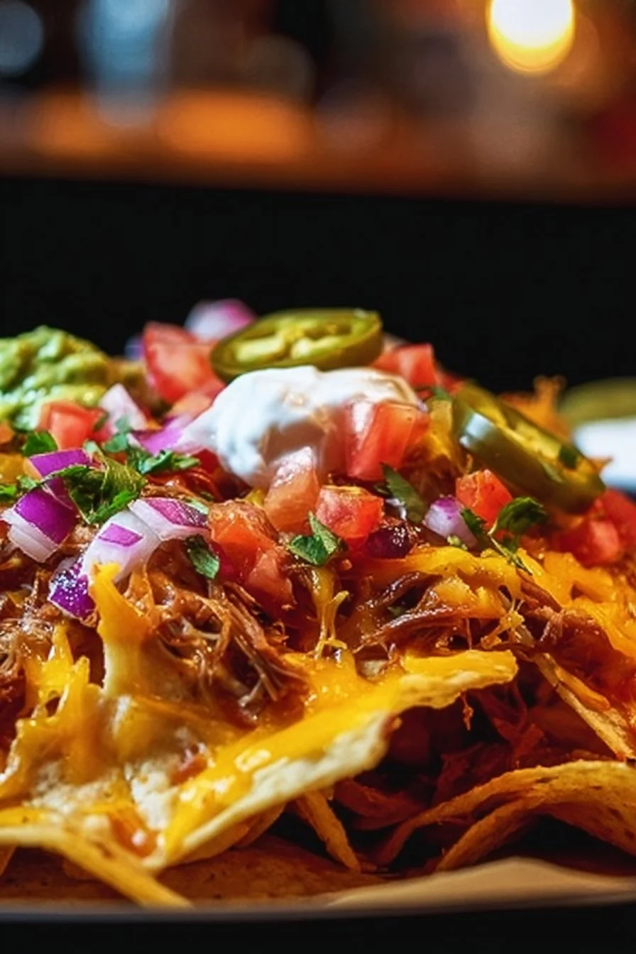 Delicious Ultra Crispy Mexican Pulled Pork Nachos topped with fresh ingredients