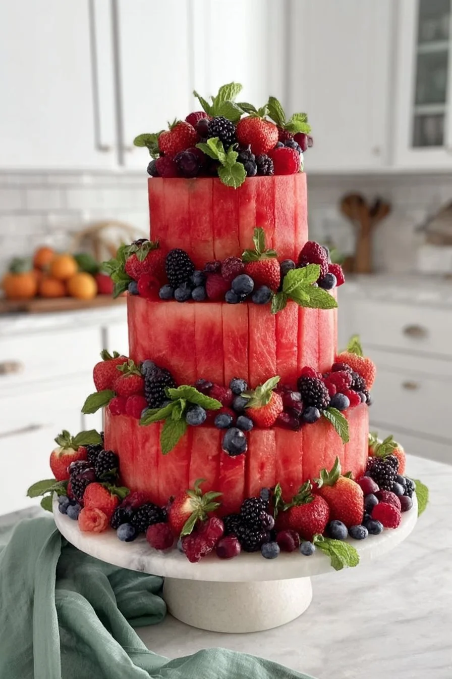 Deliciously layered Watermelon Cake decorated with fresh fruit slices