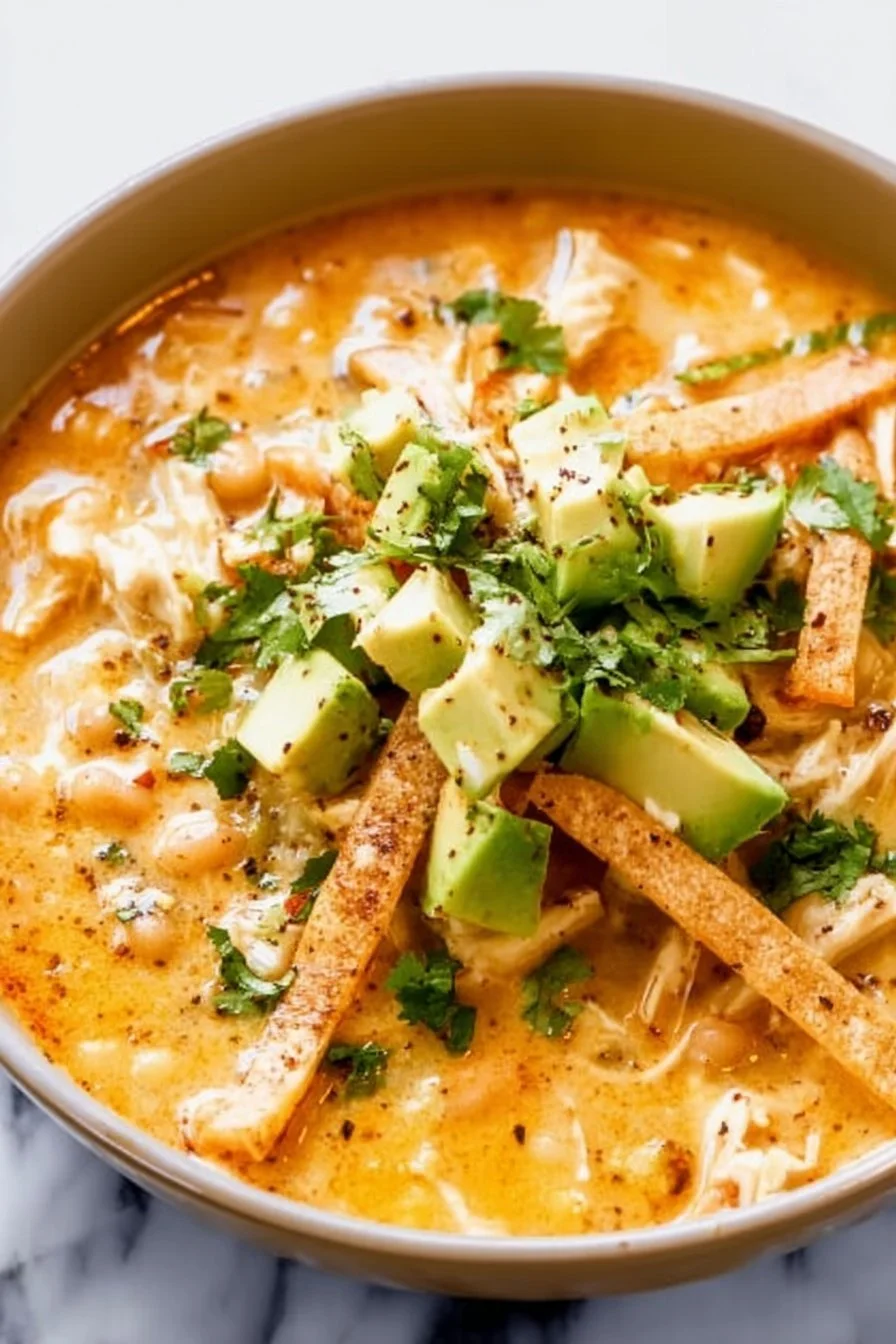 White Chicken Chili 5 Bowl of white chicken chili topped with cilantro and jalapenos