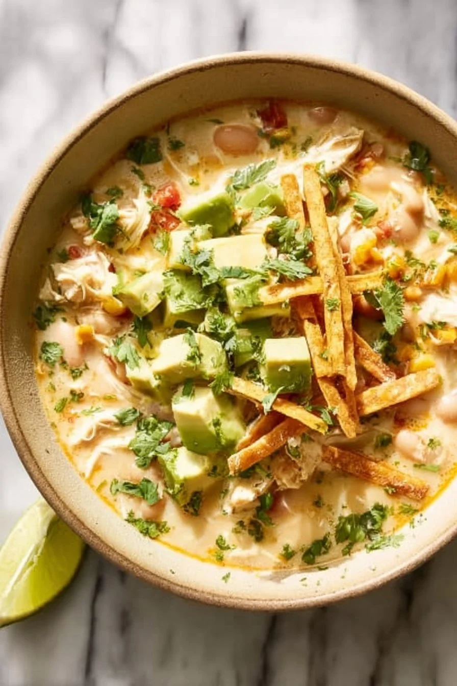 White Chicken Chili 4 Delicious bowl of white chicken chili topped with cilantro and lime.