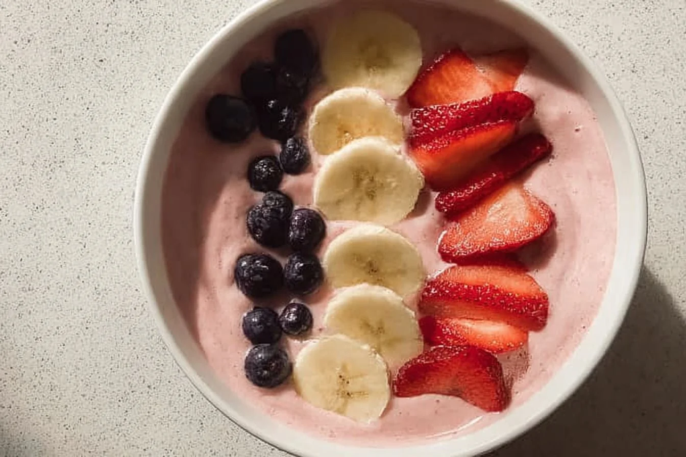 Healthy and colorful fruit smoothie bowl topped with fresh fruits and seeds