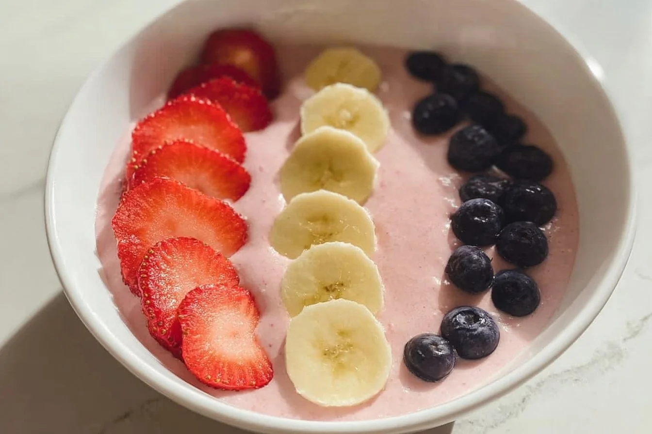 Delicious fruit smoothie bowl topped with Greek yogurt and fresh fruits