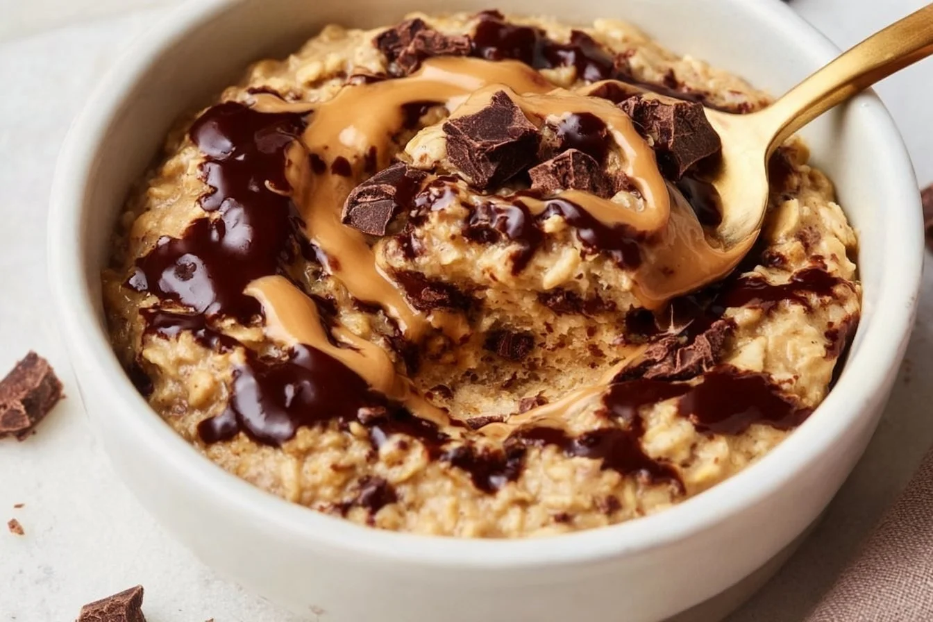 Bowl of air fryer baked oats topped with fruits and nuts