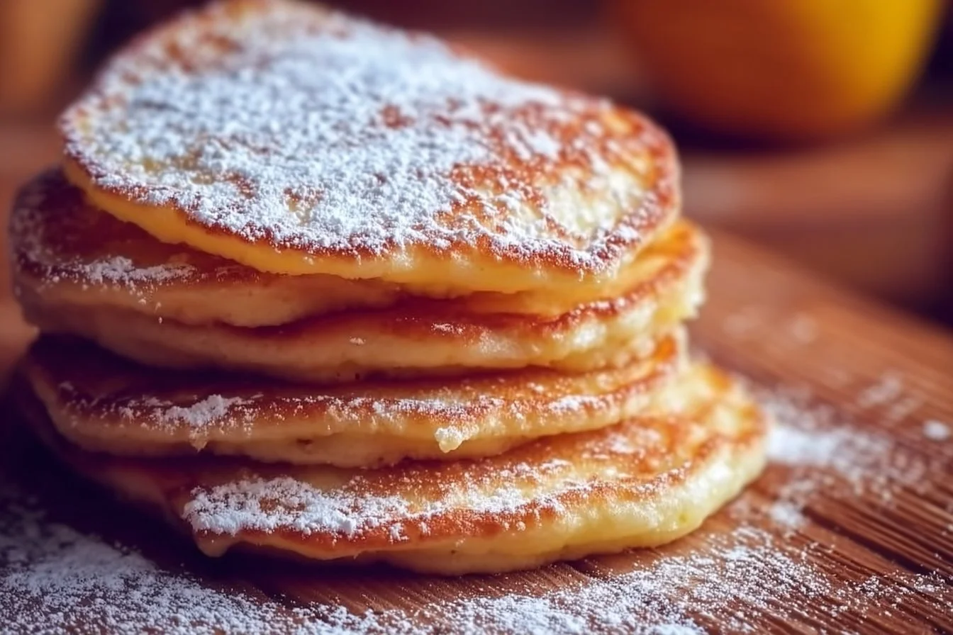 Fluffy apple yogurt pancakes stacked on a plate, topped with fresh apples and syrup