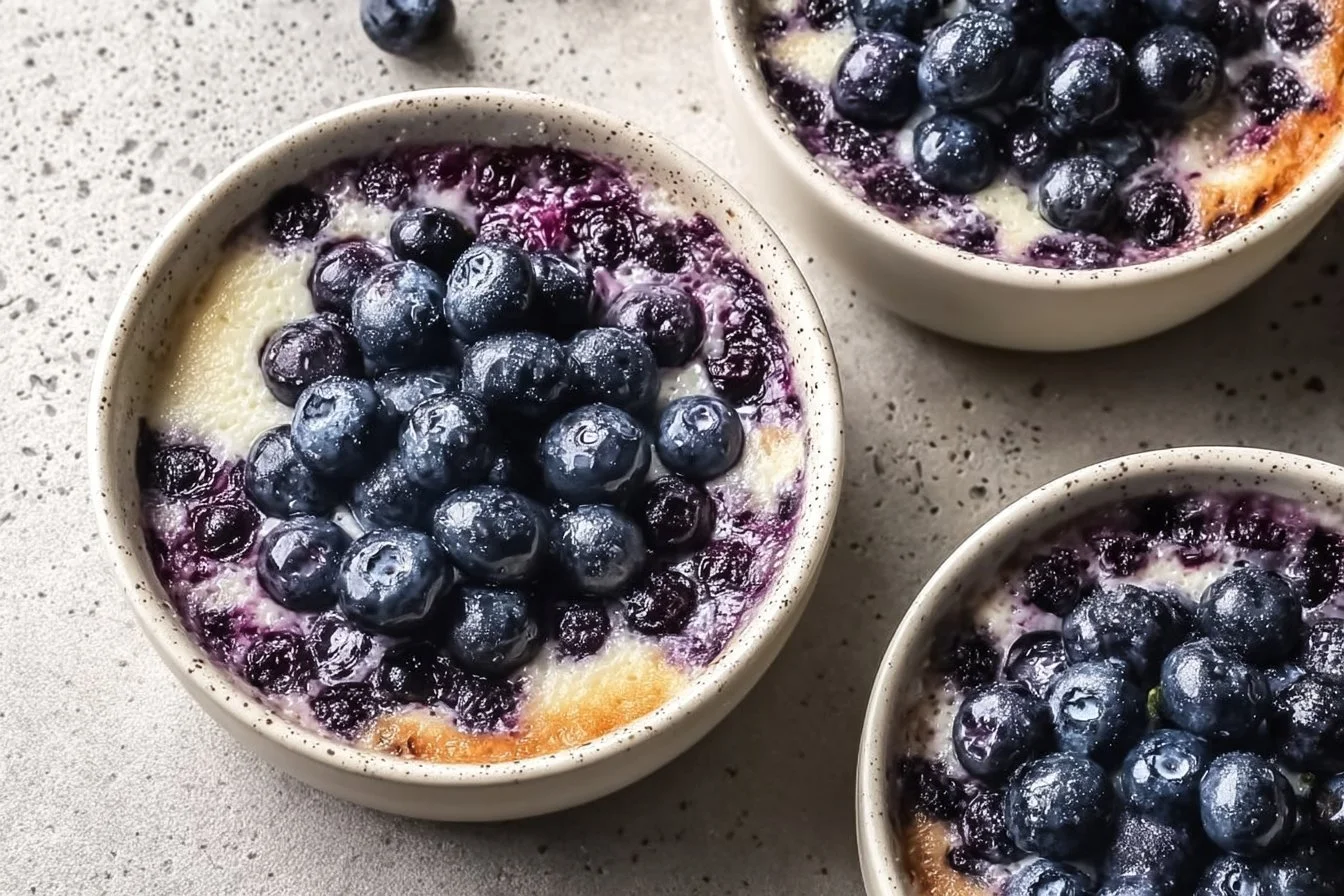 Baked blueberry cottage cheese bowls topped with fresh blueberries and almonds.