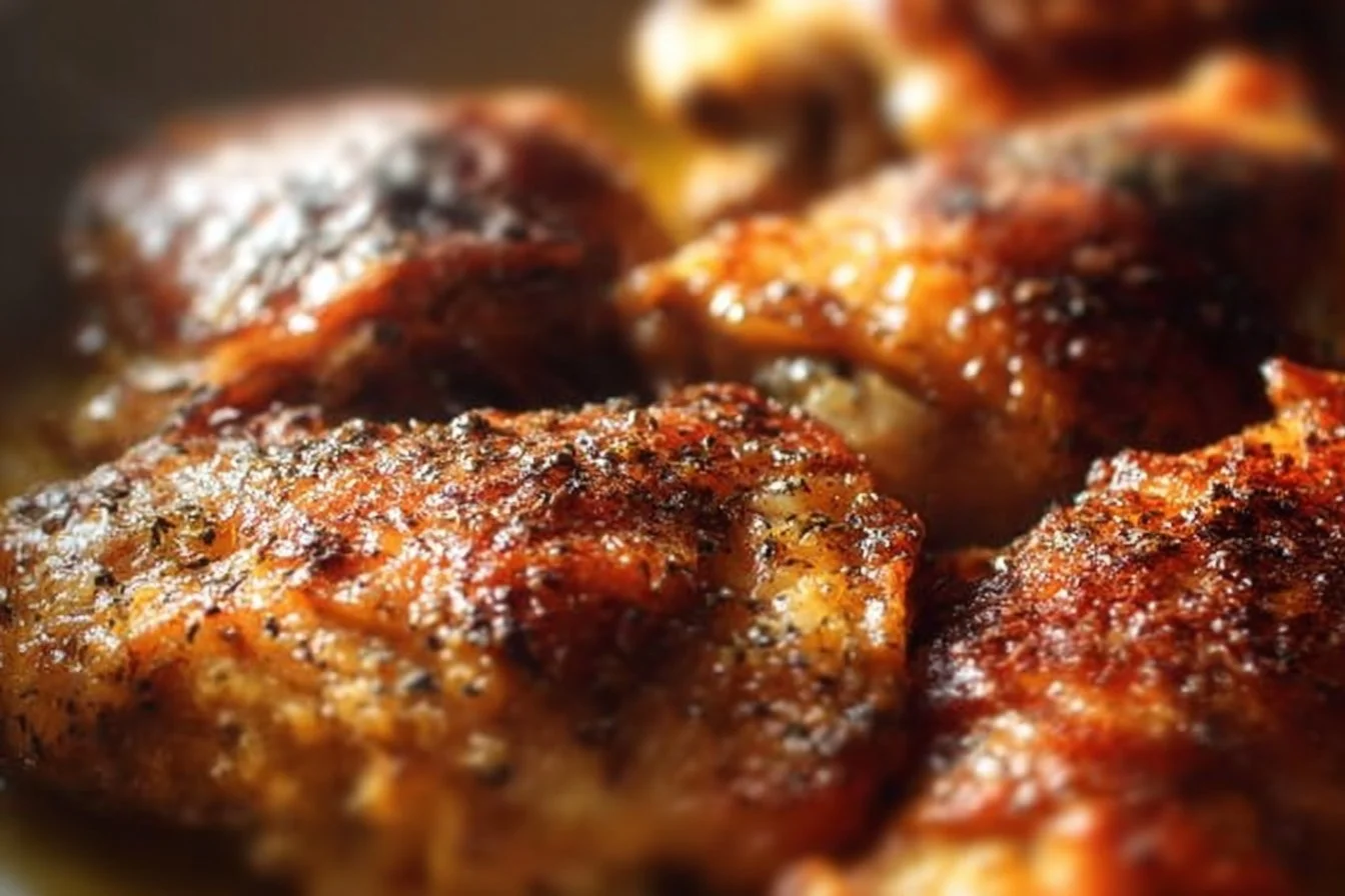Delicious baked chicken thighs seasoned and cooked to perfection on a plate.