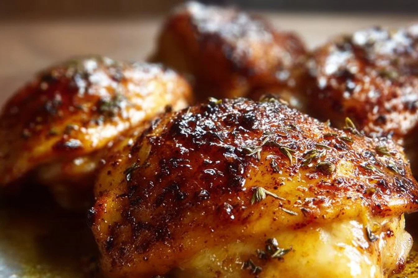 Deliciously seasoned baked chicken thighs ready to serve on a plate
