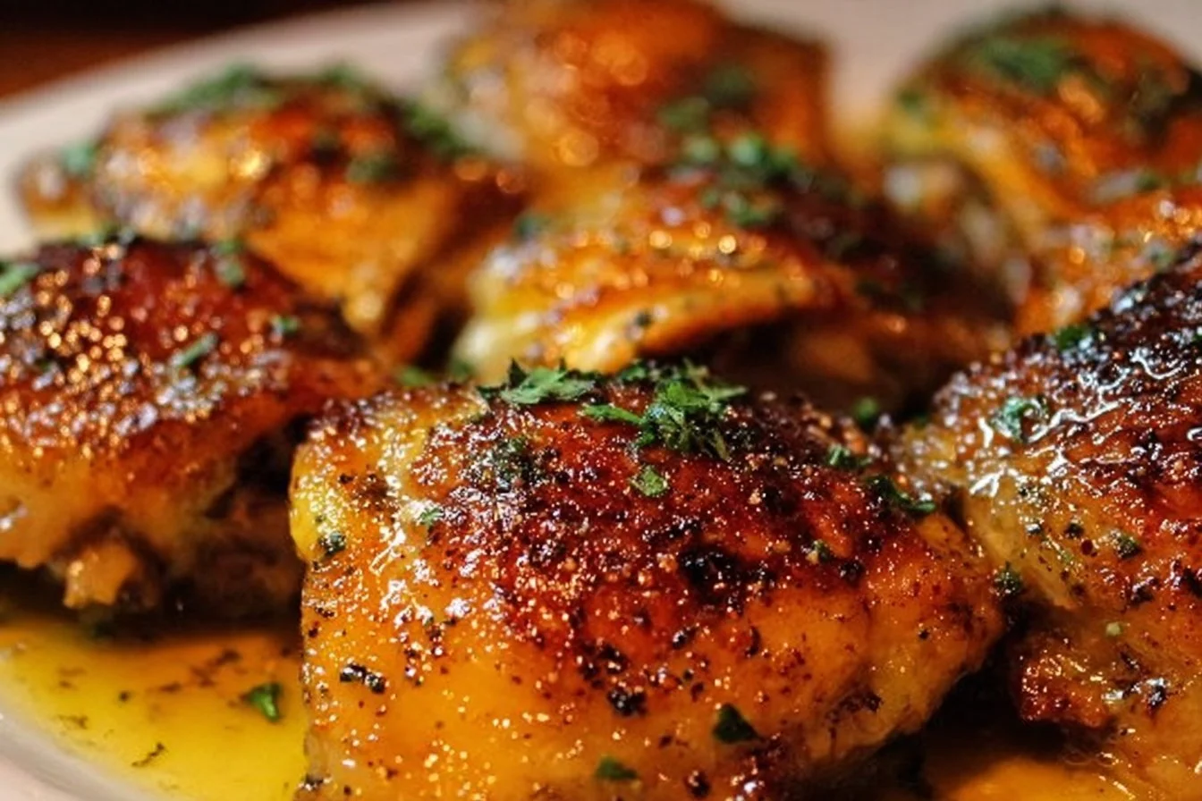 Deliciously baked chicken thighs with crispy skin and savory herbs