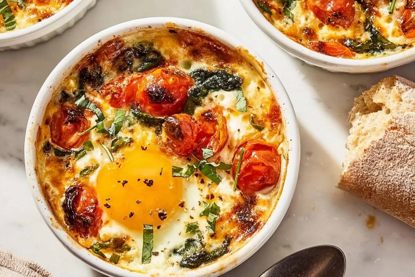 Baked Feta Eggs with Tomatoes and Spinach