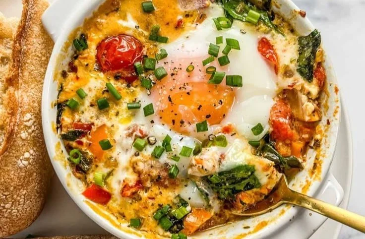 Baked Feta Eggs with Tomatoes and Spinach