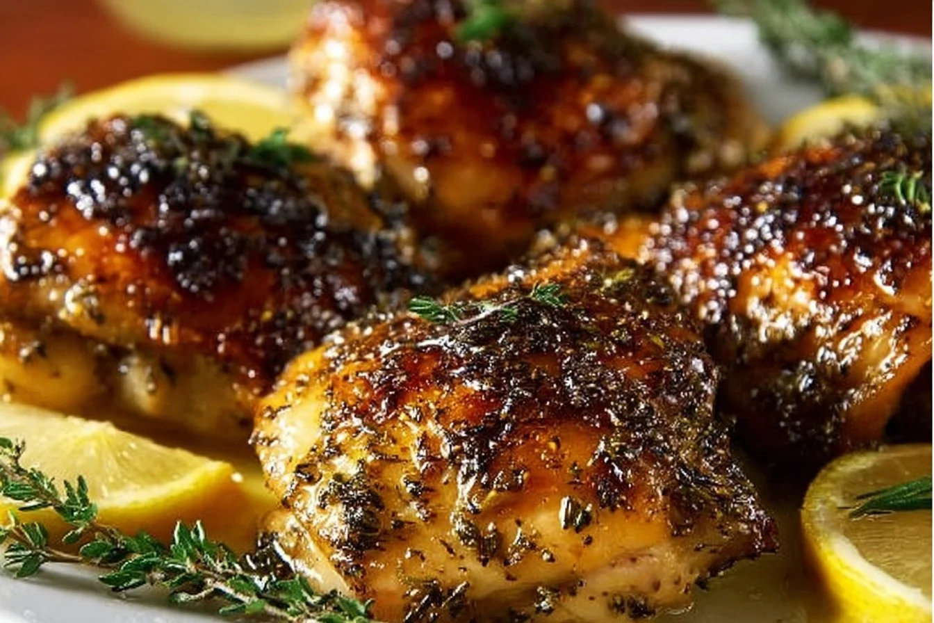 Baked garlic herb chicken thighs garnished with fresh herbs