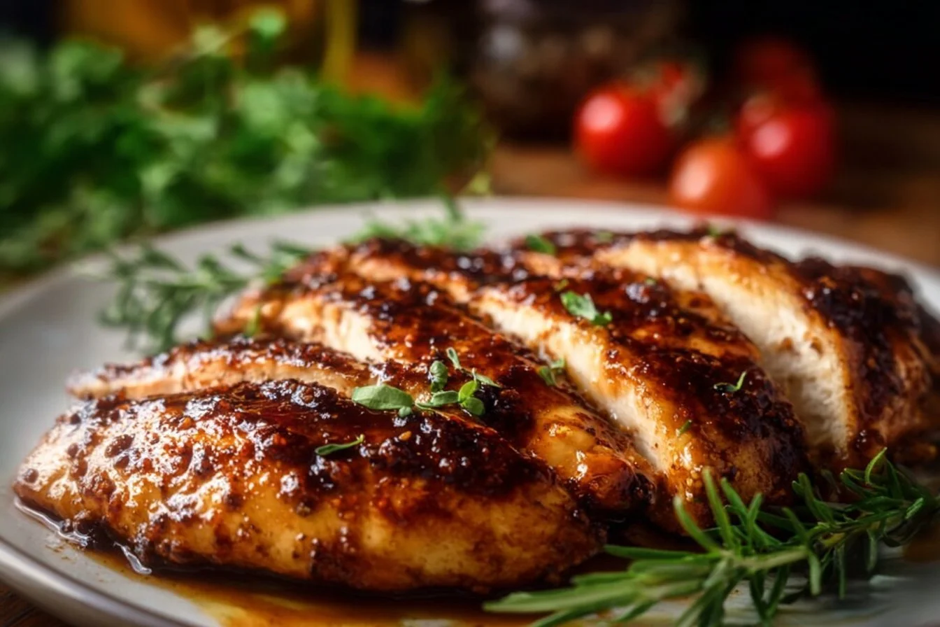 Juicy balsamic baked chicken breast served with herbs and vegetables