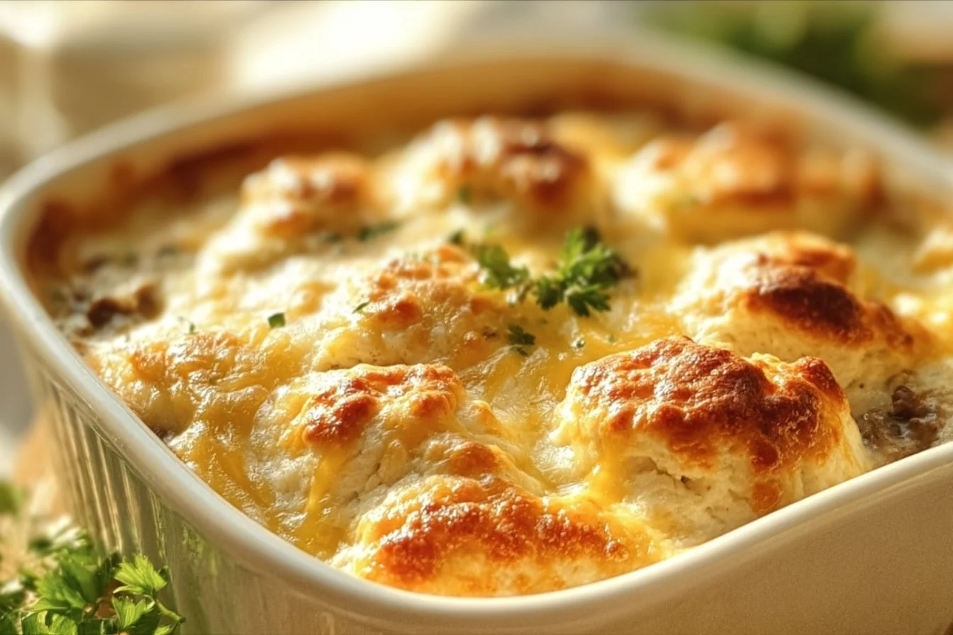 Biscuits and Gravy Breakfast Casserole 5 Biscuits and Gravy Breakfast Casserole served in a dish