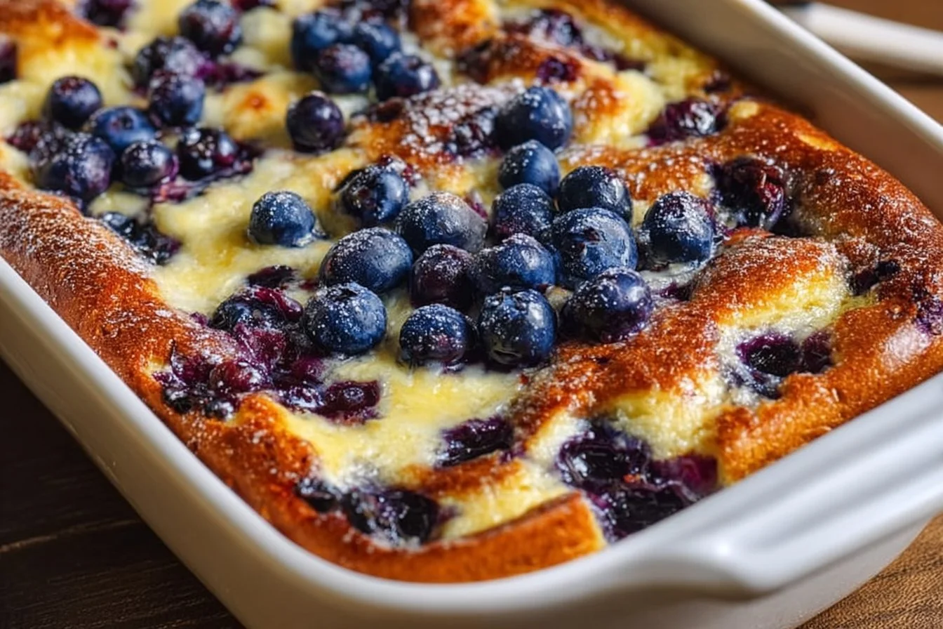Blueberry Buttermilk Pancake Casserole topped with blueberries and syrup