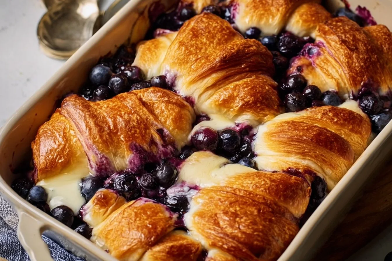 Blueberry cream cheese croissant casserole served in a baking dish