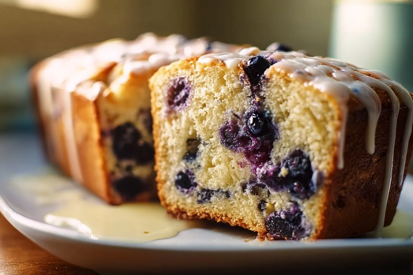 Blueberry Sourdough Bread with Lemon Glaze 5 Freshly baked blueberry sourdough bread drizzled with lemon glaze on a wooden table