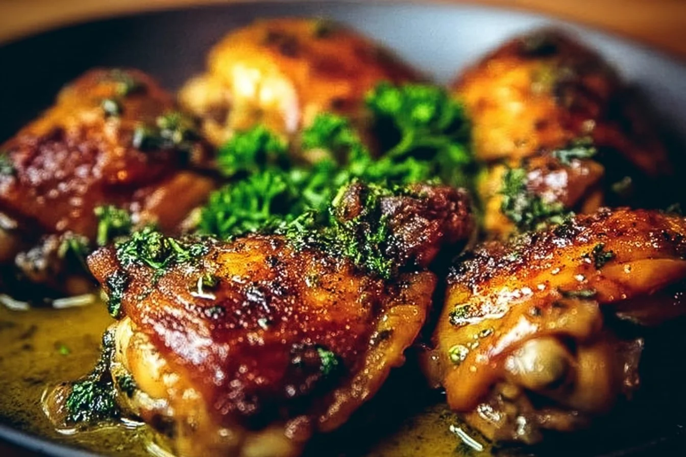 Bobby Flay's delicious grilled chicken thighs recipe garnished with herbs